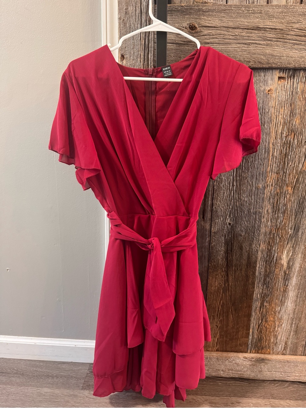 Deep Red Wrap-Style Ruffled Dress Large Shein
